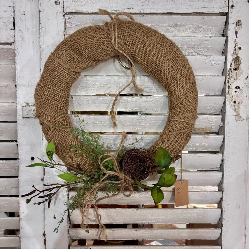 Rustic Burlap Spring Wreath with Bird nest and Leaves